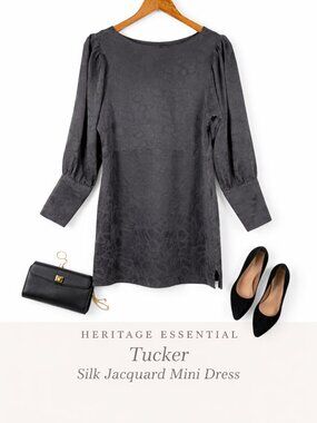 Tucker 100% Silk Charcoal Jacquard Mini Dress Puff Sleeve M